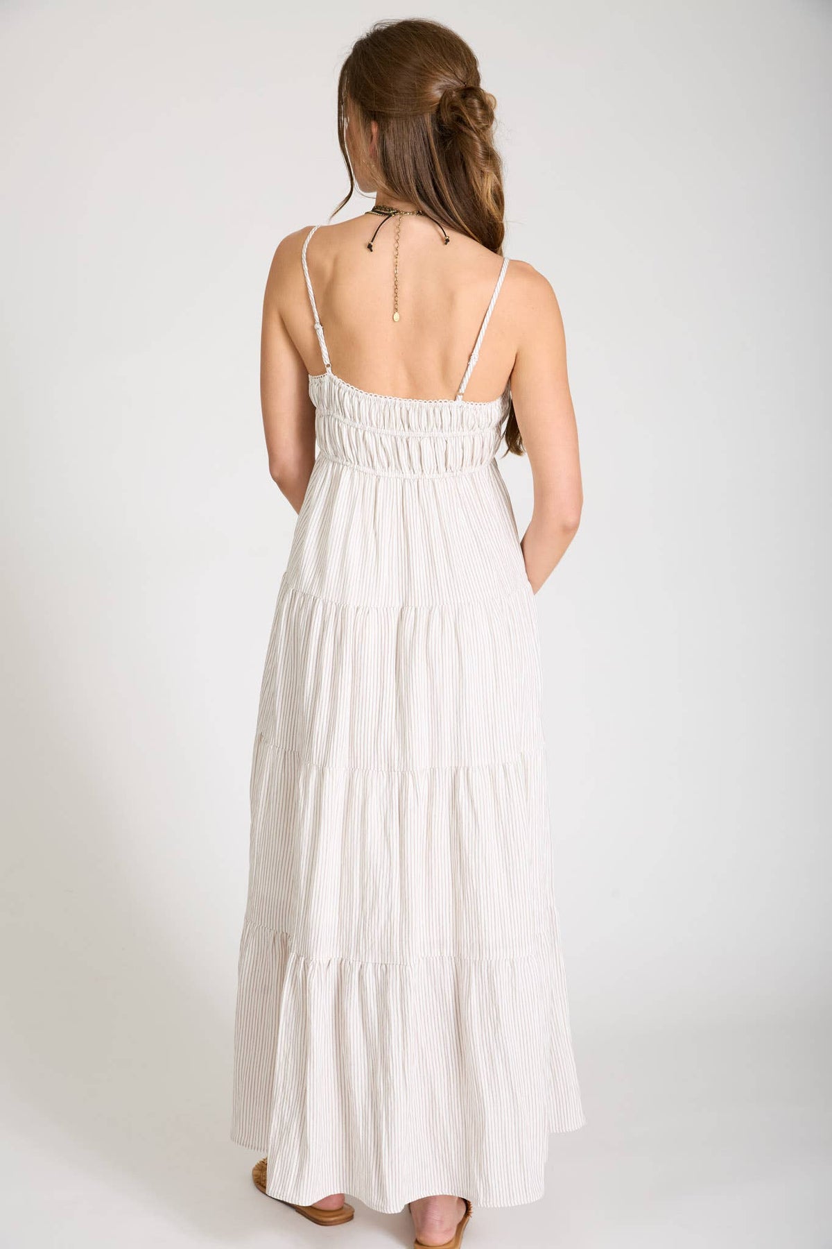 STRIPE SHIRRED EMPIRE WAIST TIERED MIDI DRESS