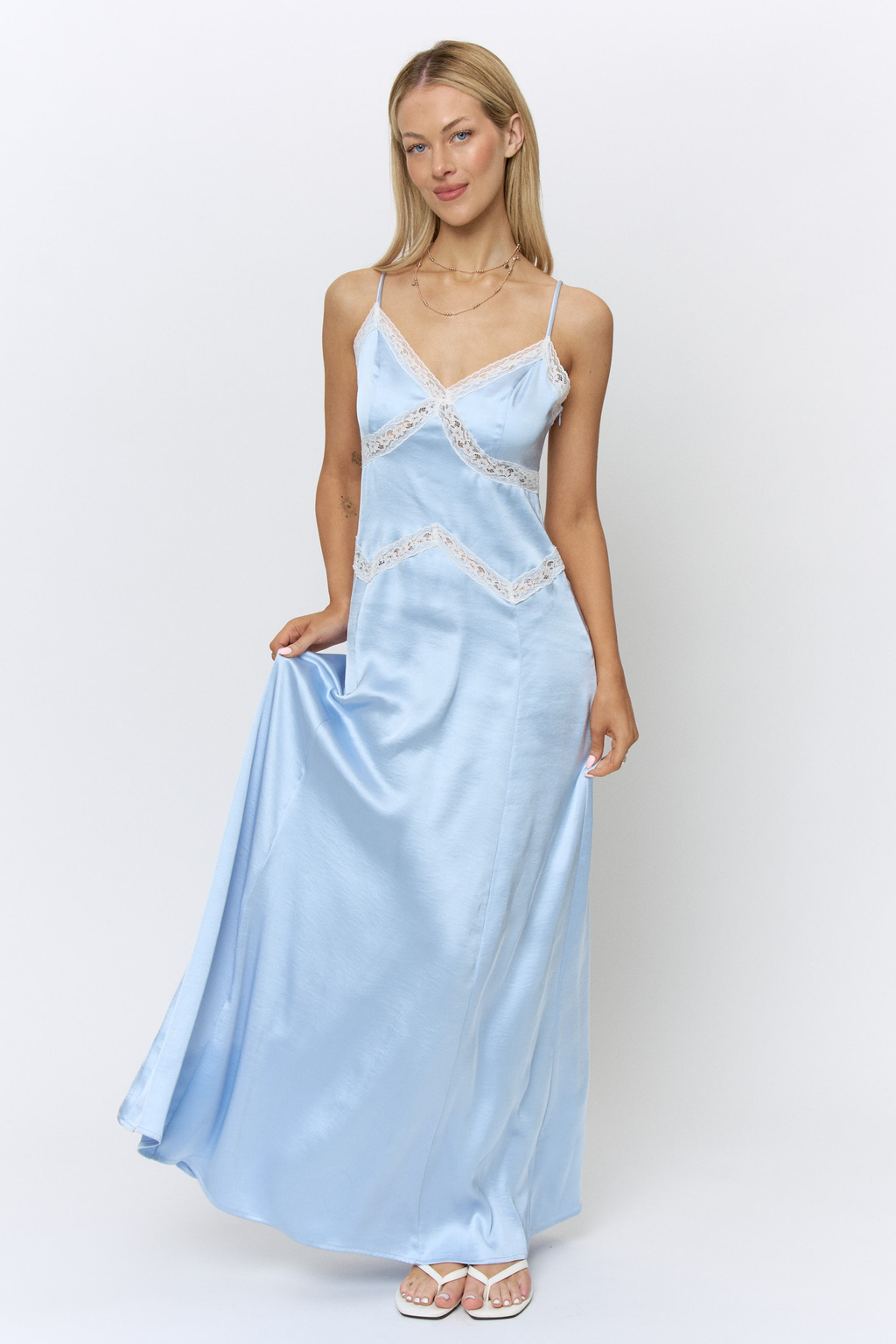 Lace Trim Satin Maxi Dress