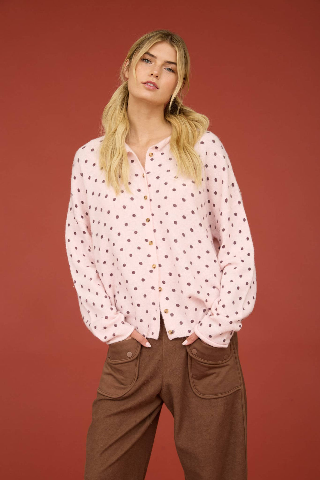 POLKA DOT BUTTON DOWN RAW EDGE KNIT CARDIGAN