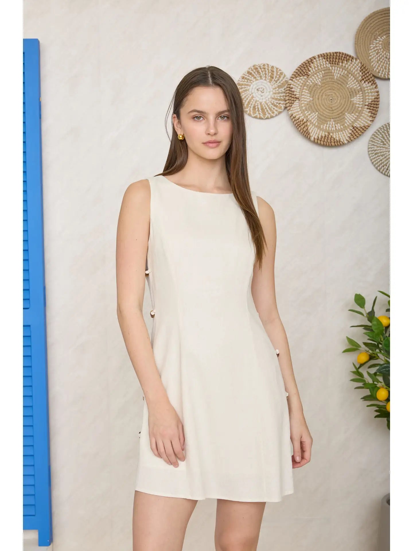 Linen Blend Mini Dress with Beaded Detail | Coastal Style