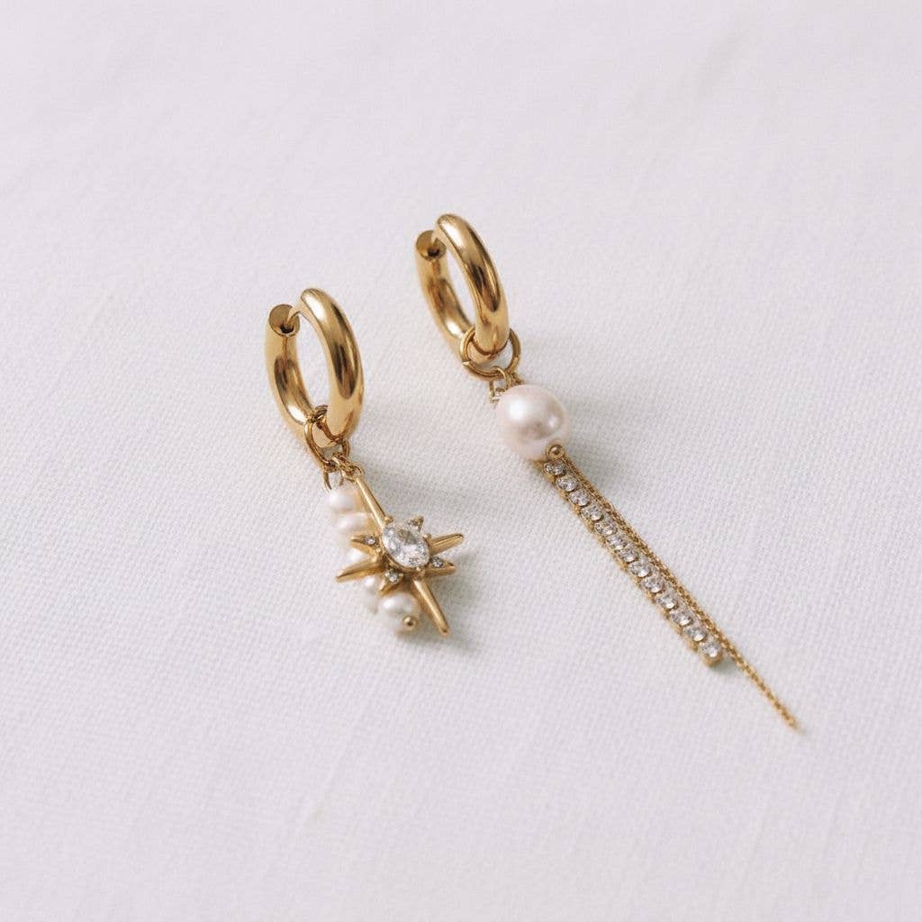 Asymmetrical Pearl Starburst Chain Earrings