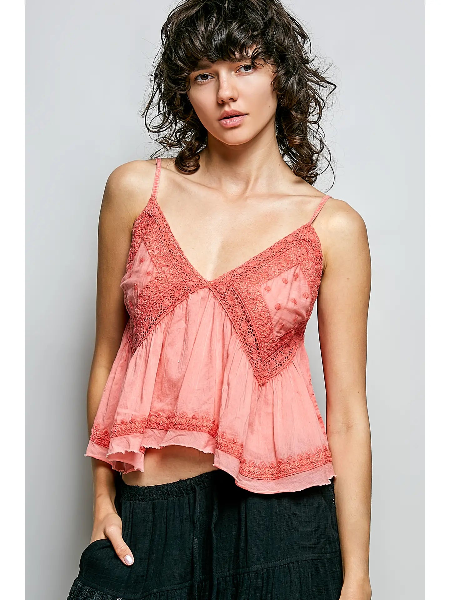 V-neck Sleeveless Washing Effect Embroidered Woven Top