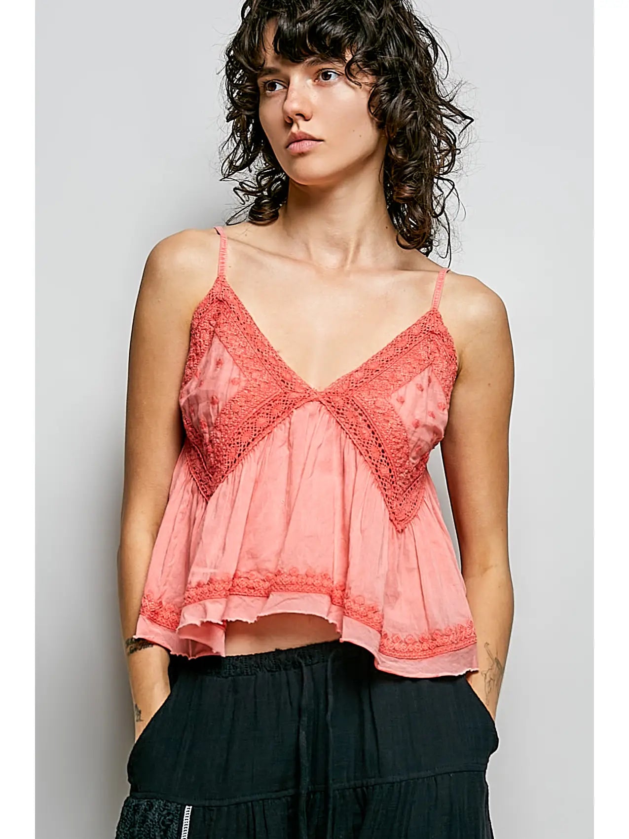 V-neck Sleeveless Washing Effect Embroidered Woven Top