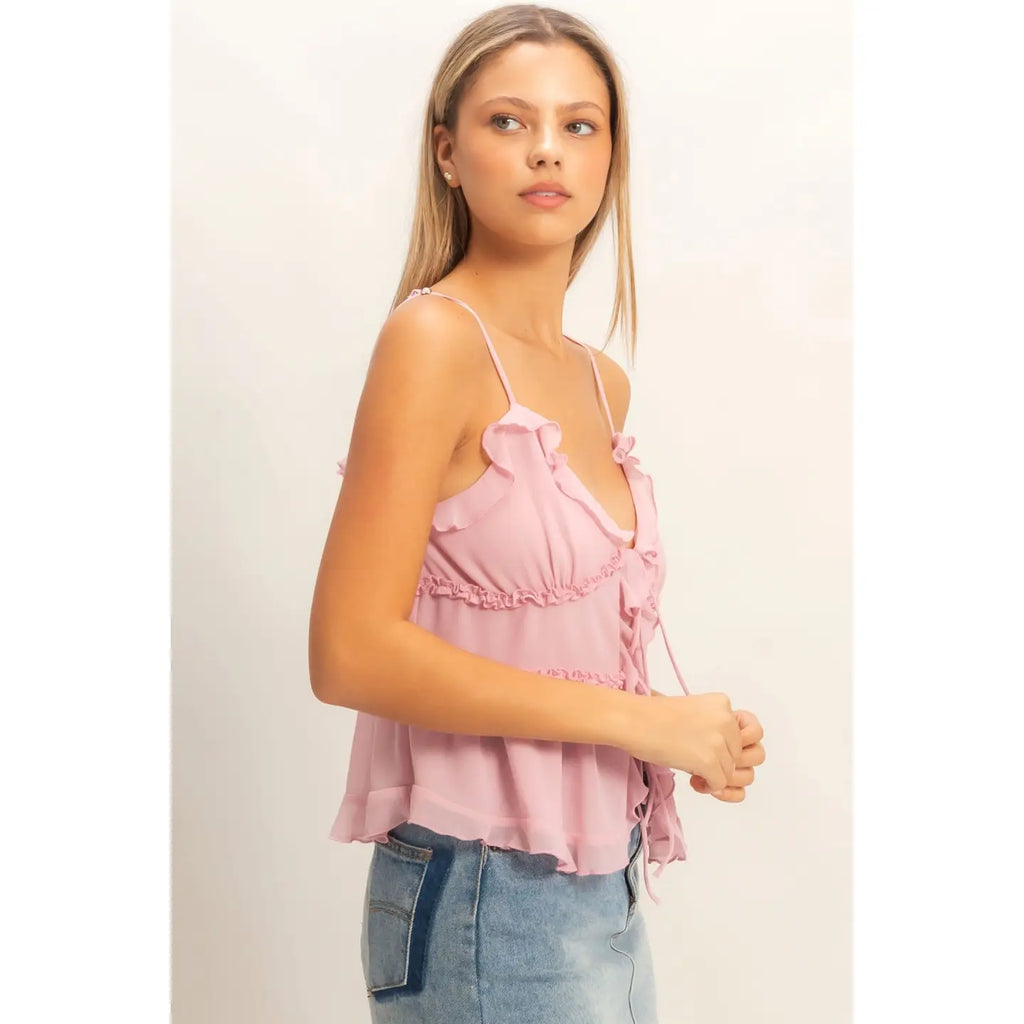 Blush Tie-Front Ruffle Cami Top