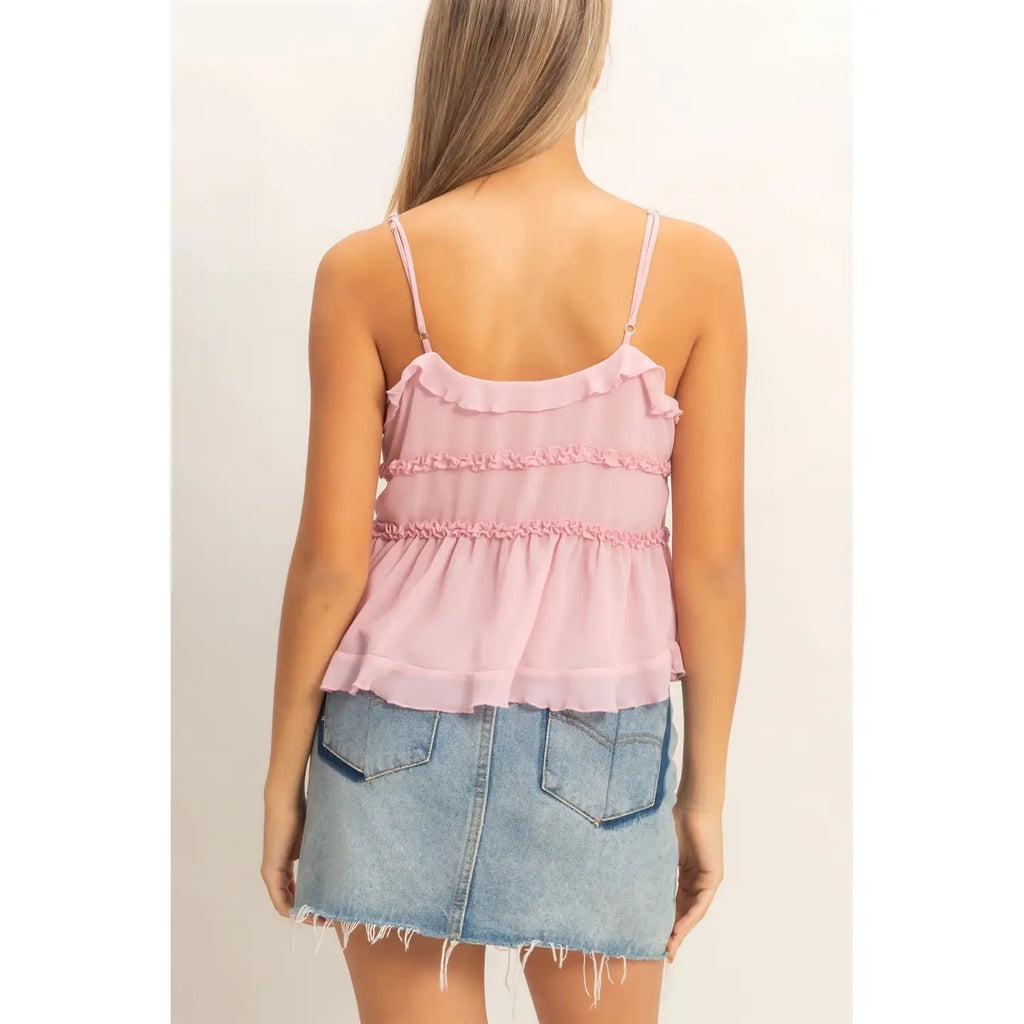 Blush Tie-Front Ruffle Cami Top