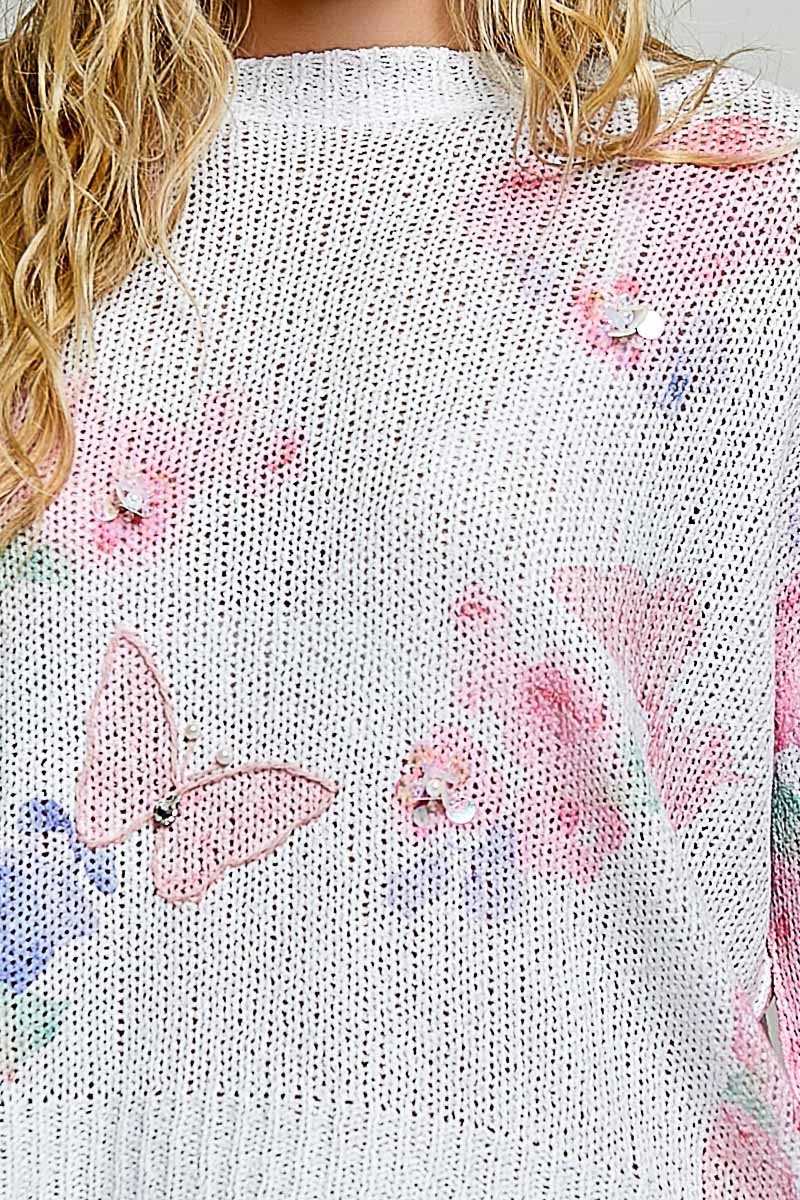 Butterfly Knit Sweater | Lightweight Floral Sequin Sweater Top for Women