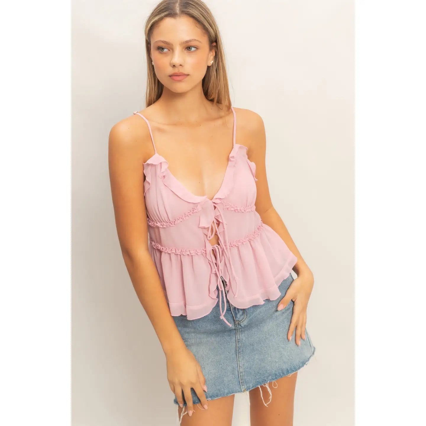 Blush Tie-Front Ruffle Cami Top