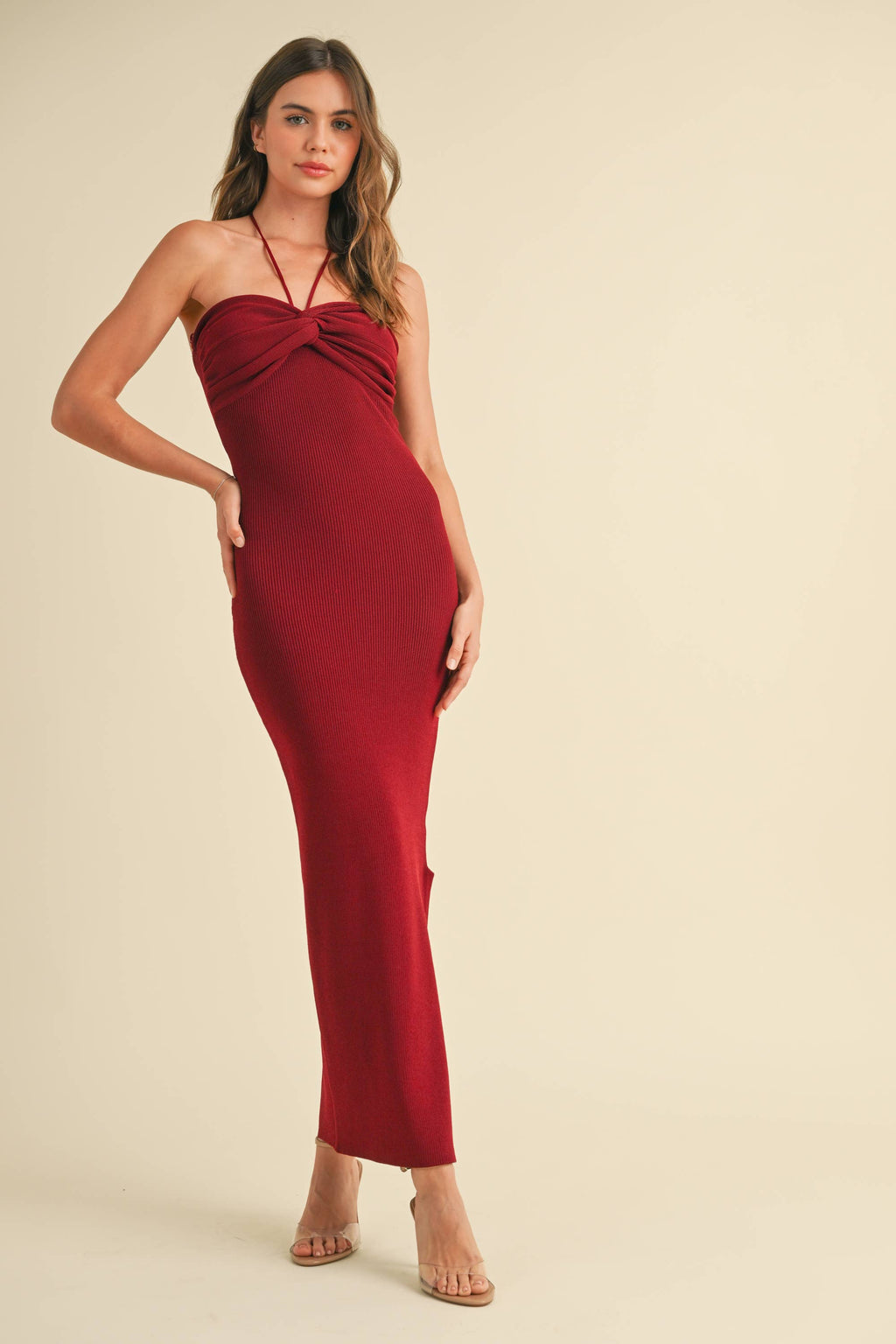RUCHED DETAIL HALTER NECK KNIT LONG SLIT DRESS