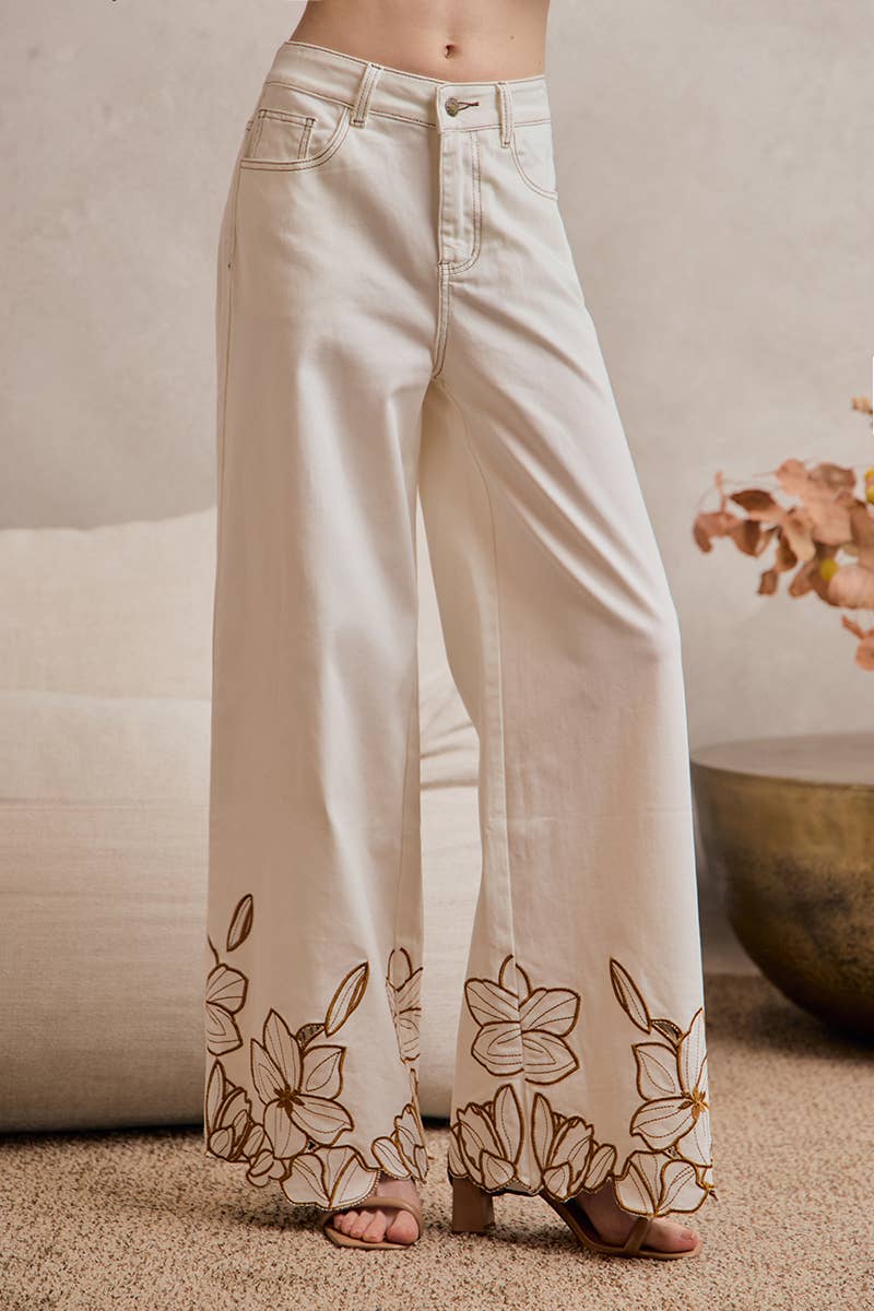 FLORAL EMBROIDERY SCALLOP HEM DETAIL WIDE PANTS