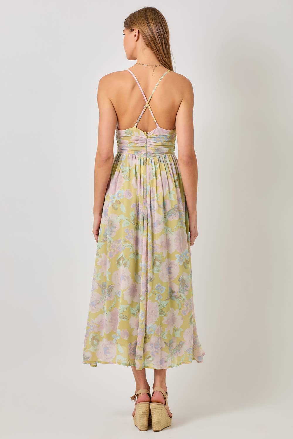 Floral Cross Back Pleating Dress