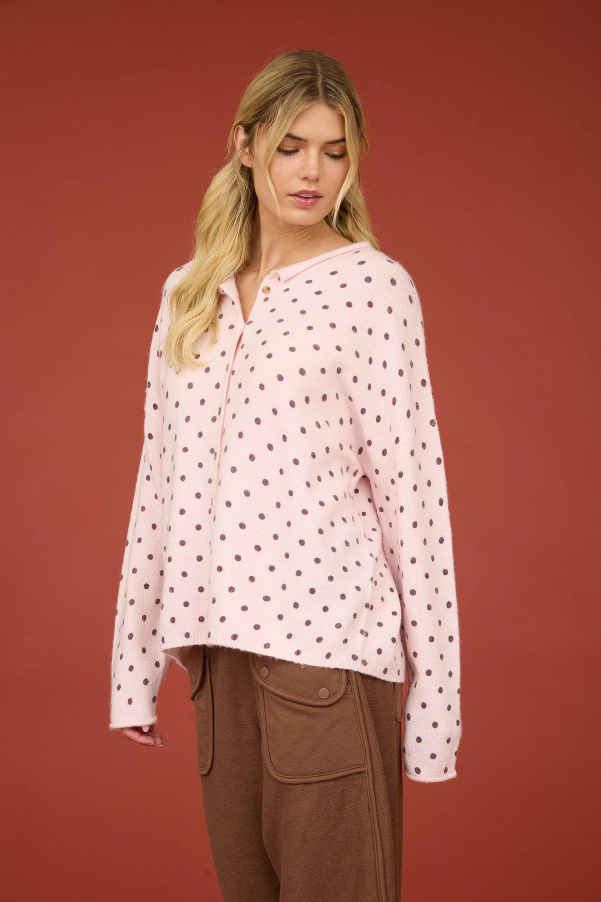 POLKA DOT BUTTON DOWN RAW EDGE KNIT CARDIGAN