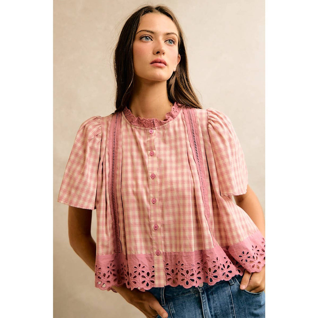 COTTON CHECK LACE TRIM FLUTTER SLEEVES BLOUSE TOP