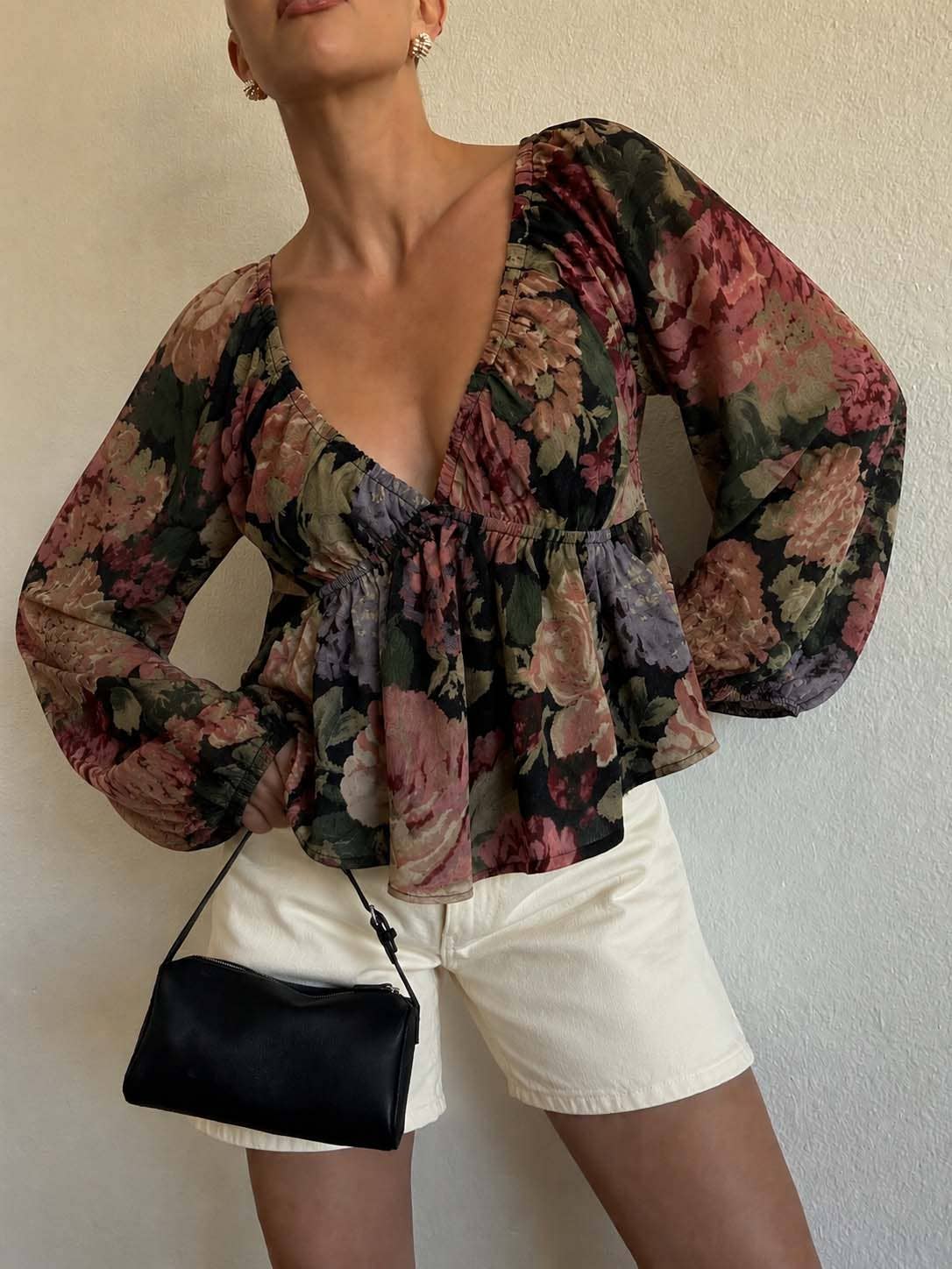 Floral Print V-Neck Flutter Top