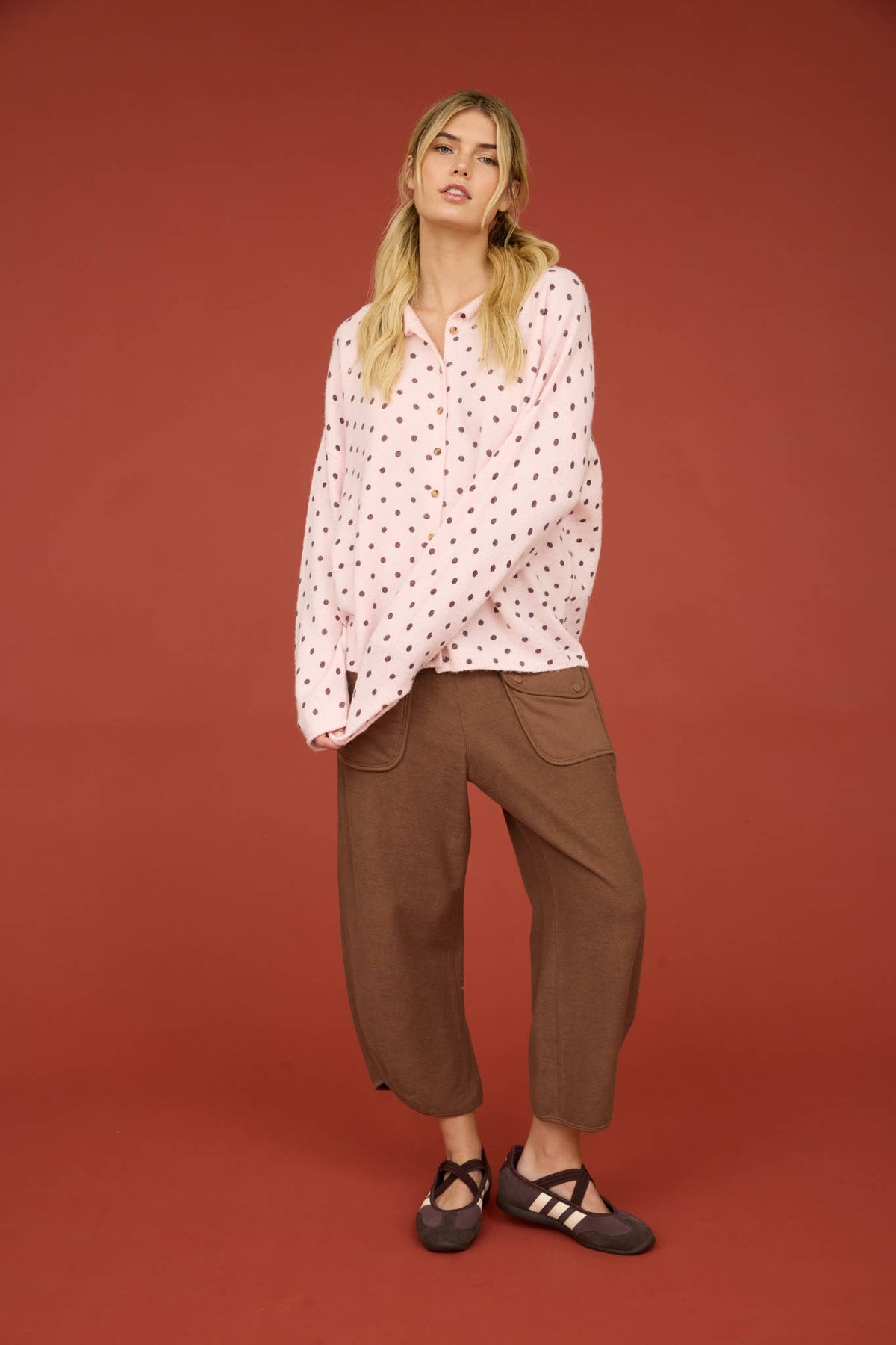 POLKA DOT BUTTON DOWN RAW EDGE KNIT CARDIGAN