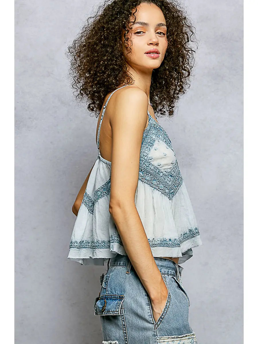 V-neck Sleeveless Washing Effect Embroidered Woven Top