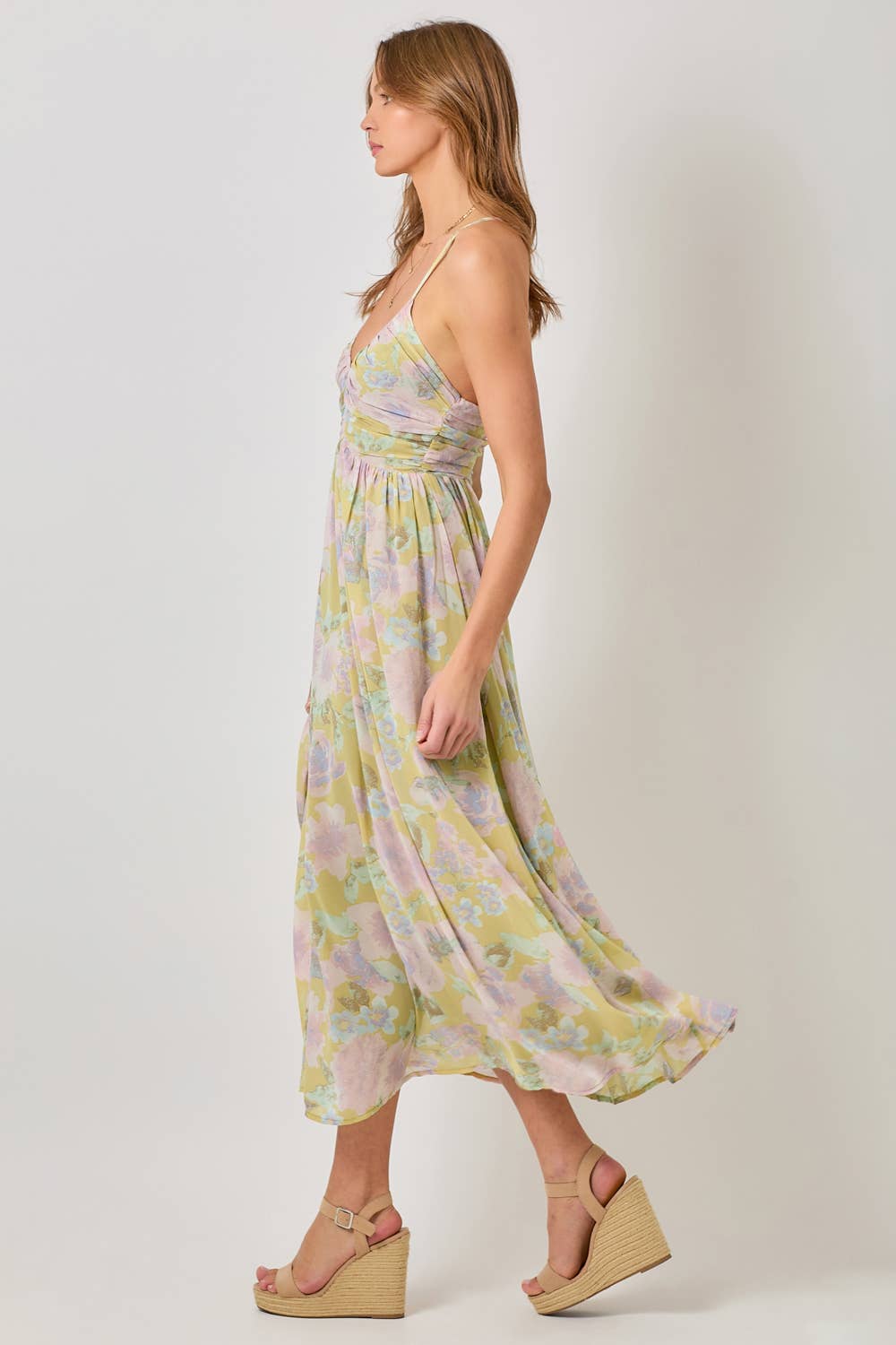 Floral Cross Back Pleating Dress