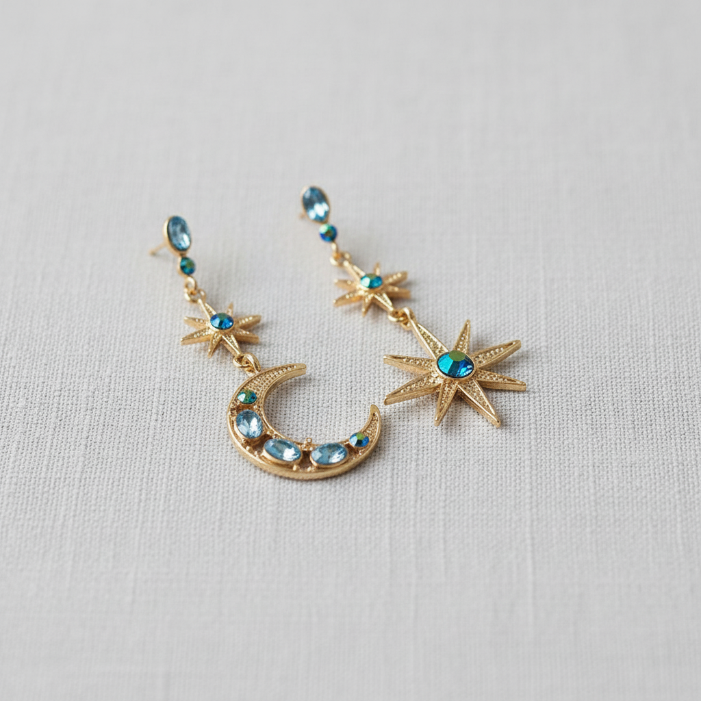 Blue Crystal Star and Moon Drop Earrings