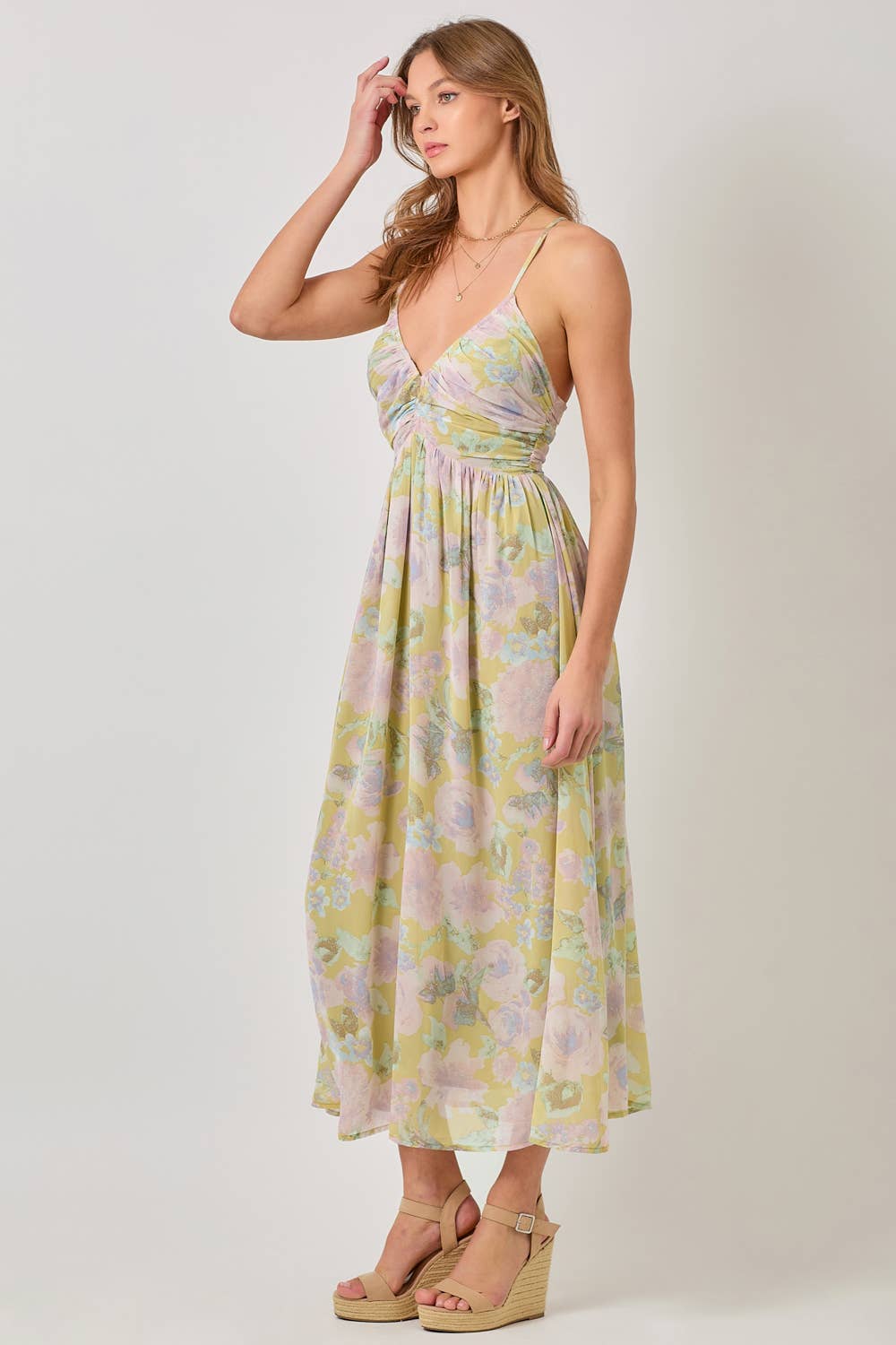 Floral Cross Back Pleating Dress