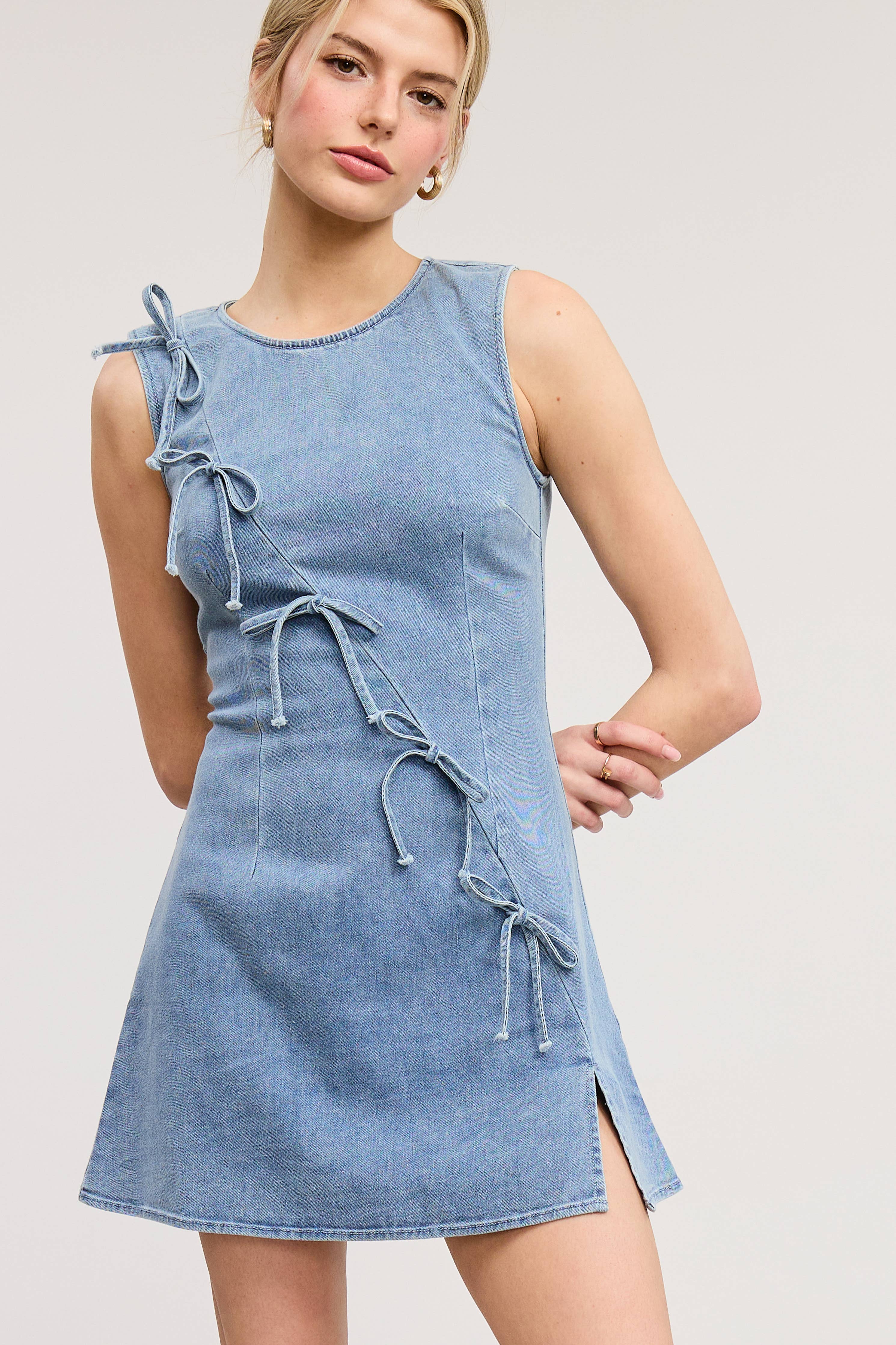Diagonal Ribbon Bow Trim Denim Side Slit Mini Dress