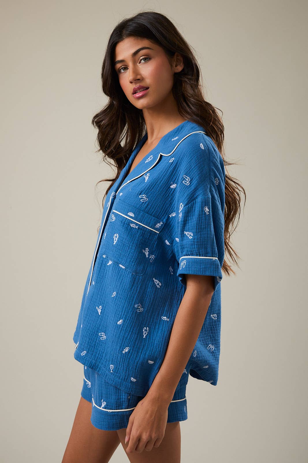 EMBROIDERED DETAIL SHORT SLEEVE PAJAMA TOP