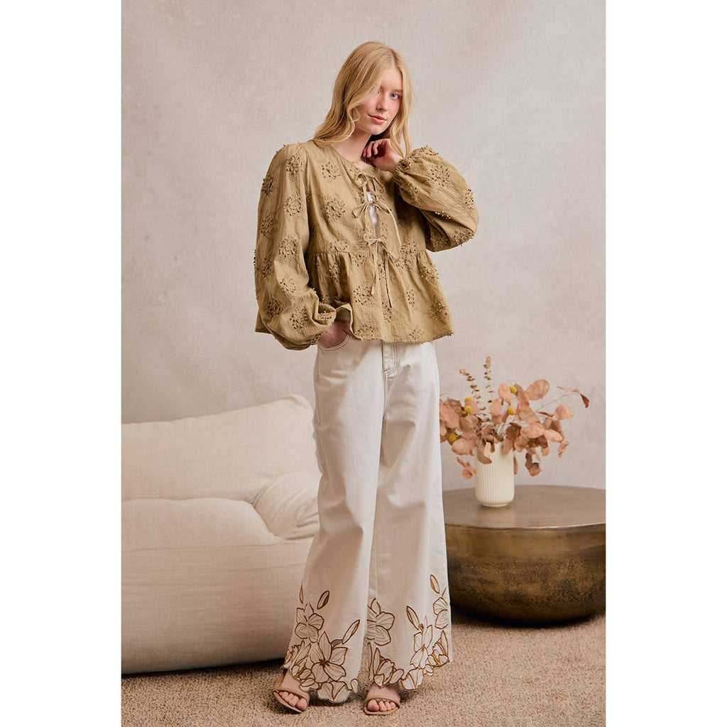 FLORAL EMBROIDERY SCALLOP HEM DETAIL WIDE PANTS
