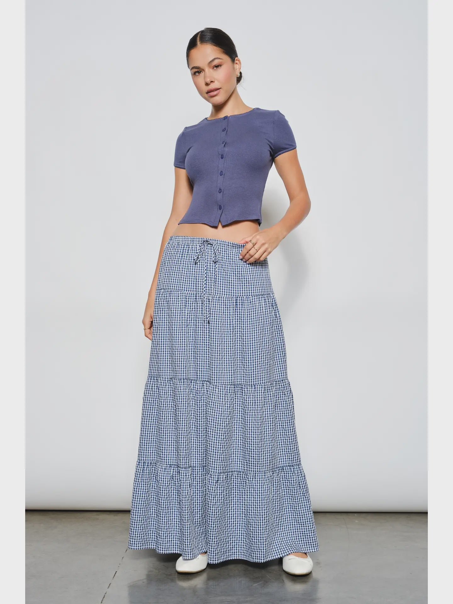 HENLEY GINGHAM TIERED MAXI SKIRT