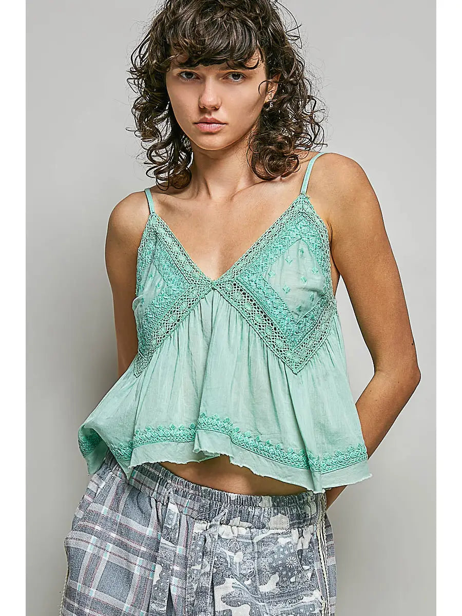 V-neck Sleeveless Washing Effect Embroidered Woven Top