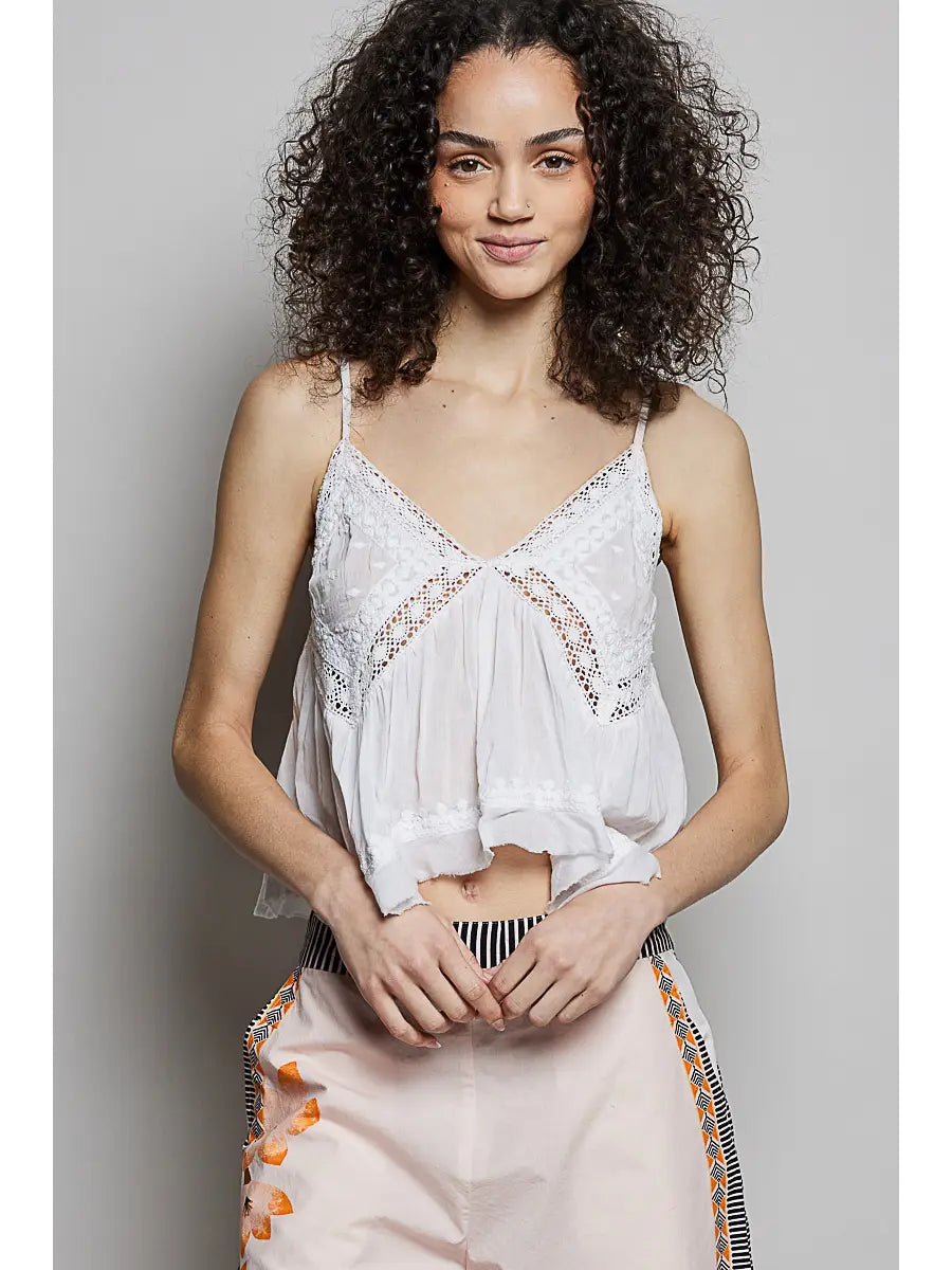 V-neck Sleeveless Washing Effect Embroidered Woven Top