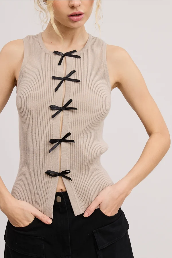 Vintage Bow Ribbon Detail Knit Sweater Tank Top