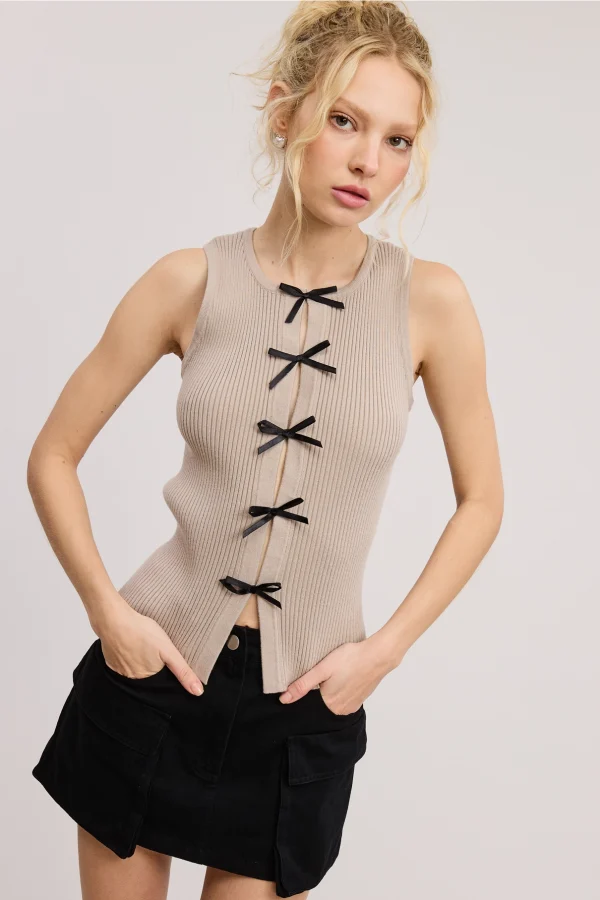 Vintage Bow Ribbon Detail Knit Sweater Tank Top