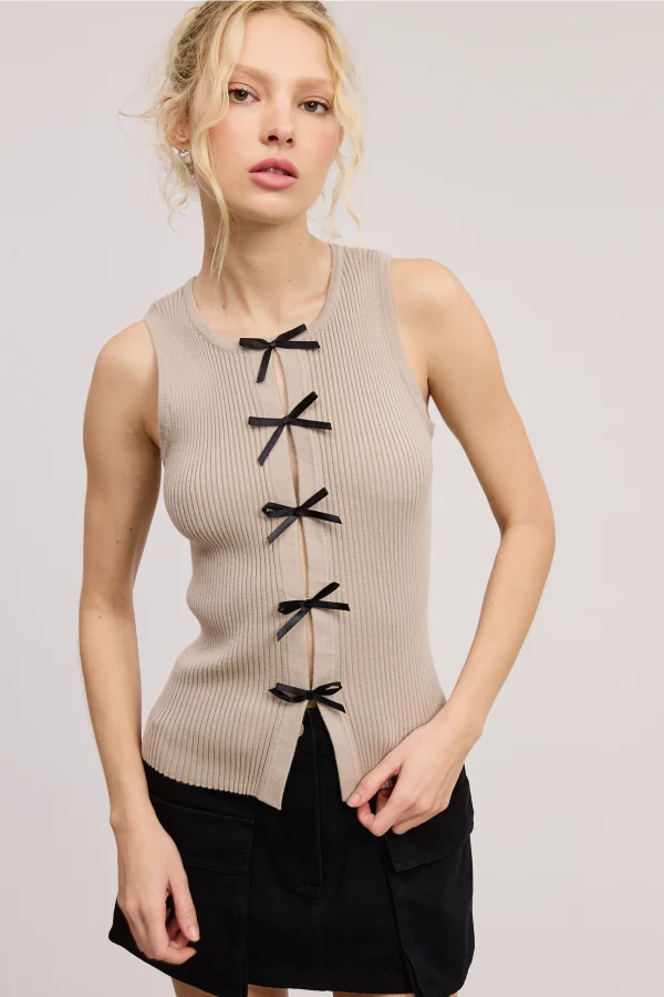 Vintage Bow Ribbon Detail Knit Sweater Tank Top