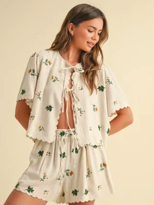 Floral Embroidery Linen Set