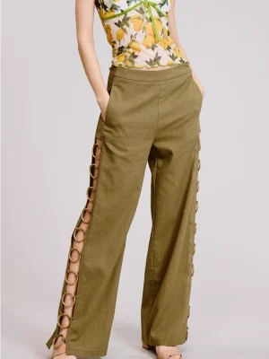 Linen Wide Leg Pants with Wooden Ring Accents